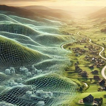 Paysage rural avec route sinueuse, champs verdoyants et village, surplombé par une modélisation 3D de la topographie