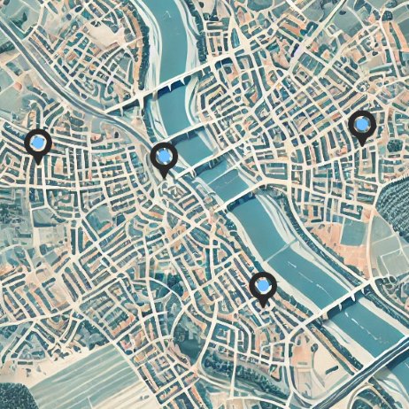 Carte stylisée d'une ville avec un réseau de routes et de rivières. Plusieurs marqueurs bleus indiquent des emplacements spécifiques, probablement des points d'intérêt ou des zones d'analyse.