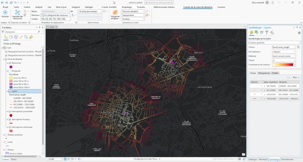 Capture d'écran du résultat d'une analyse menée avec Network Analyst sous ArcGIS Pro