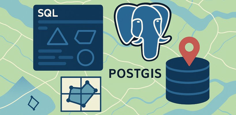 Illustration de la formation PostGIS avec une carte vectorielle, le logo PostgreSQL, des formes géométriques en SQL, une base de données et une icône de localisation.