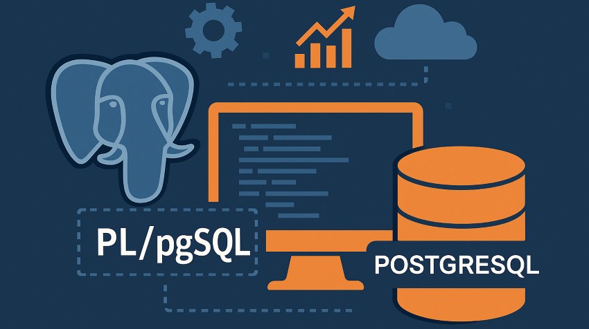 Illustration de la programmation avec PostgreSQL et PL/pgSQL montrant un écran avec du code, le logo PostgreSQL, un icône de base de données et des éléments de croissance de données